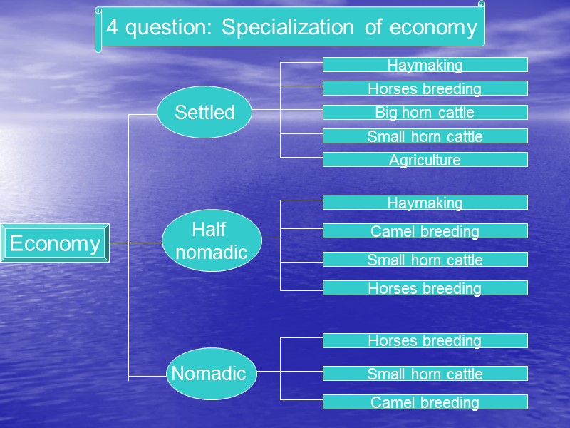 Economy Settled Half  nomadic Nomadic  4 question: Specialization of economy Haymaking Horses